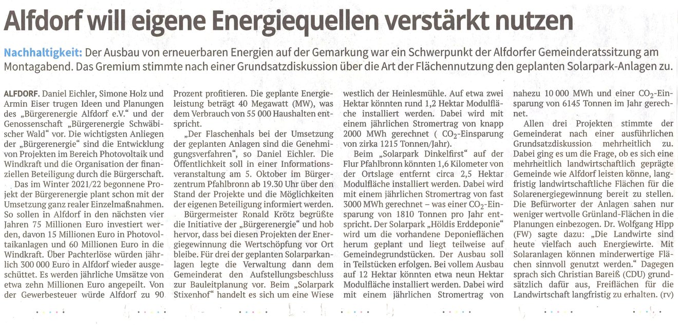 29.09.2023 - Alfdorf will eigene Energiequellen verstärkt nutzen